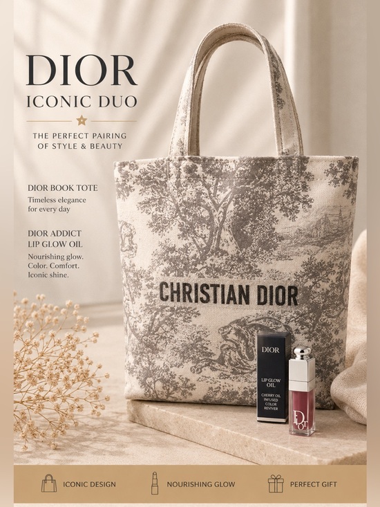 Beauty Dior Handbags - Dior Canvas Tote Beauty Bag With Dior Addict Lip Glow Oil (081) NWOT With Box
